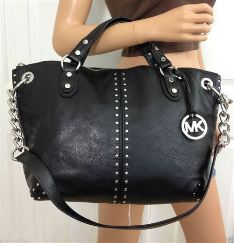 michael kors black satchel with silver hardware|Michael Kors opened satchel purse.